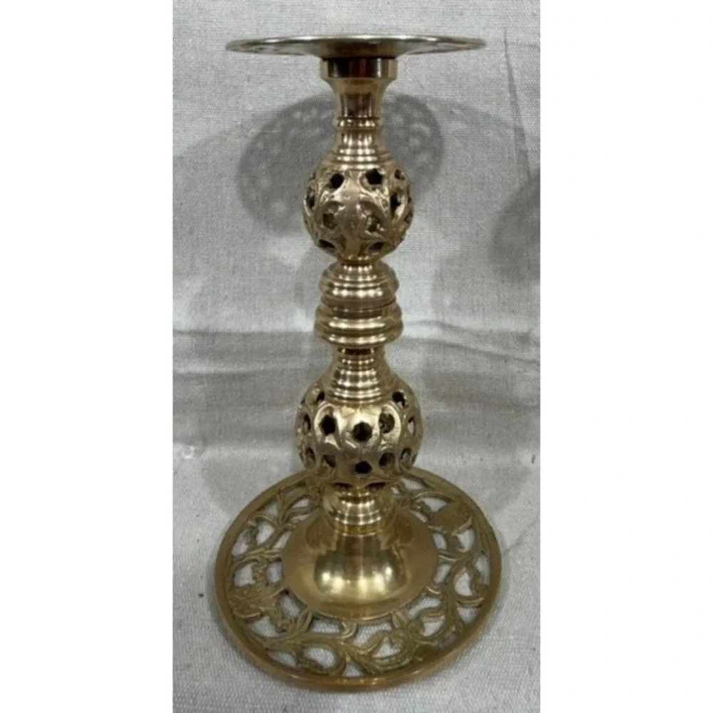 Vintage Brass Openwork Lattice Candlestick Holders Ornate Pierced Set of 2 9in